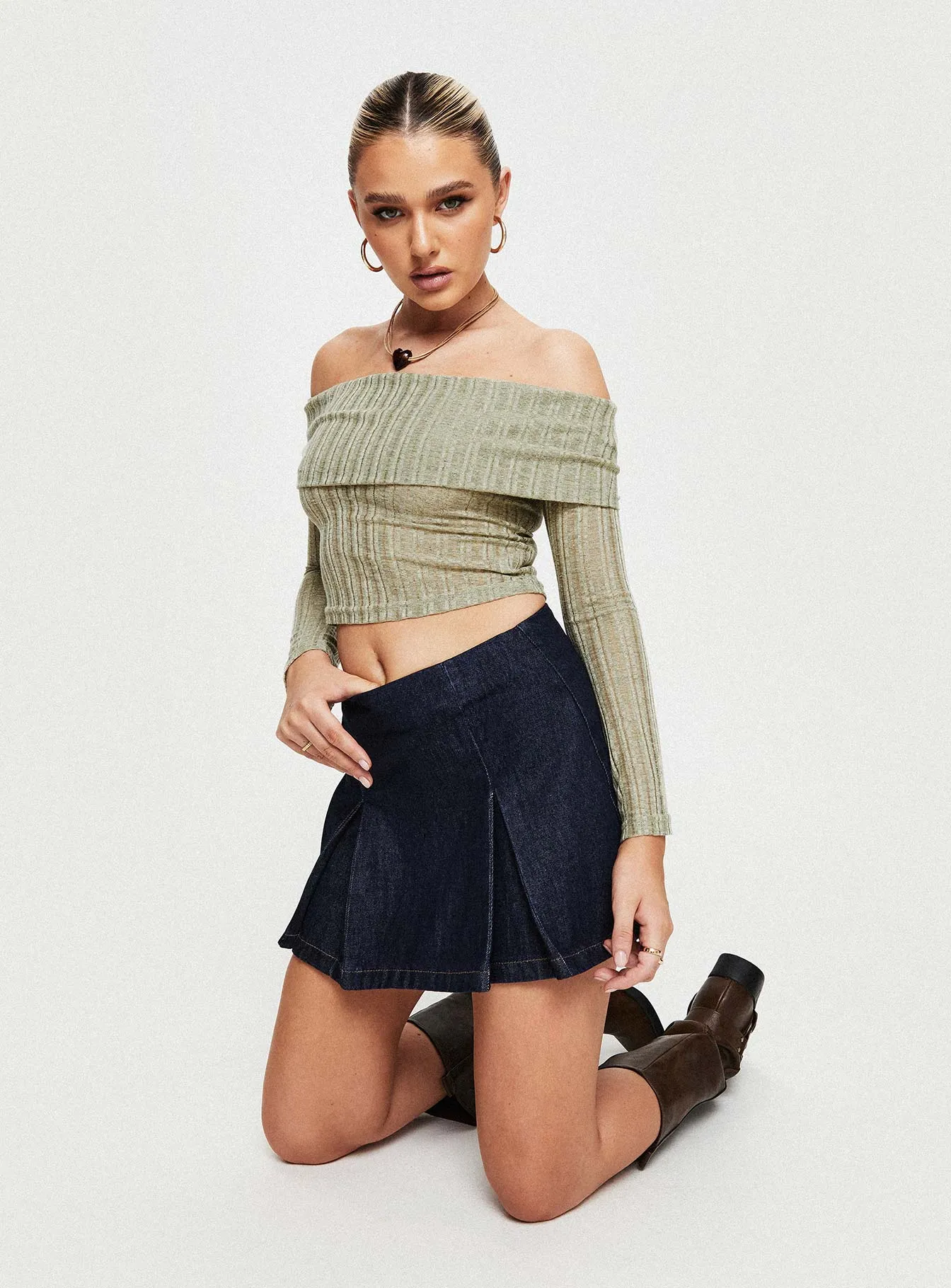 Sawan Pleated Denim Mini Skirt Dark Wash Matte Finish