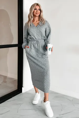 Wrap Closure Tassel accents What Matters Most Quilted Sweater & Skirt Set (Heather Grey)