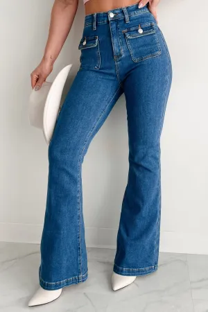 Lightweight Jacket Stretch Knit Fabric Foster Special A High Rise Tummy Control Patch Pocket Flare Jeans (Medium Dark)