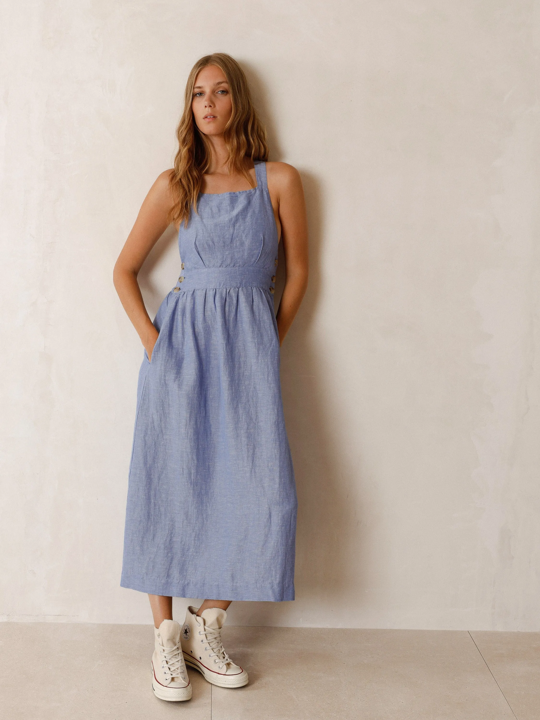 Azul Glacial Strappy Midi Dress Work Ready Organza Fit