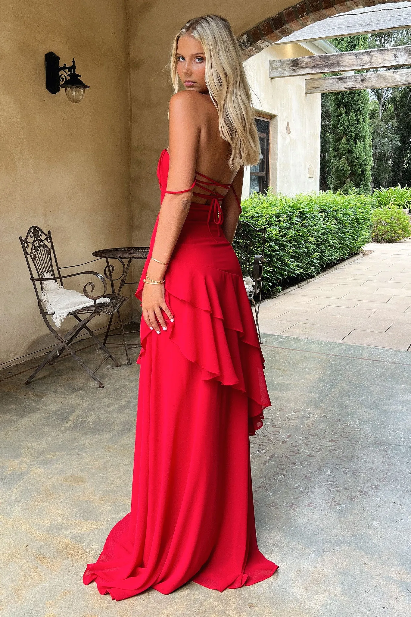 Anais Tiered Ruffle Maxi Dress - Red Shell Shine