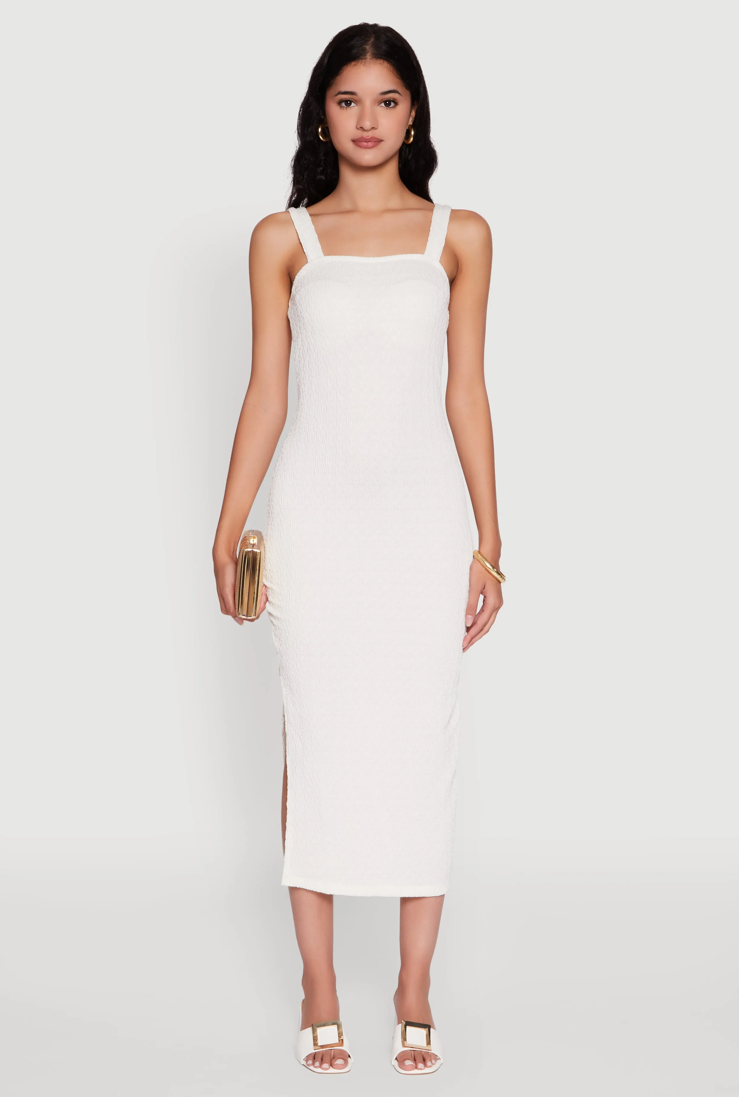 Machine washable Textured Knit Sleeveless Side Slit Midi Dress