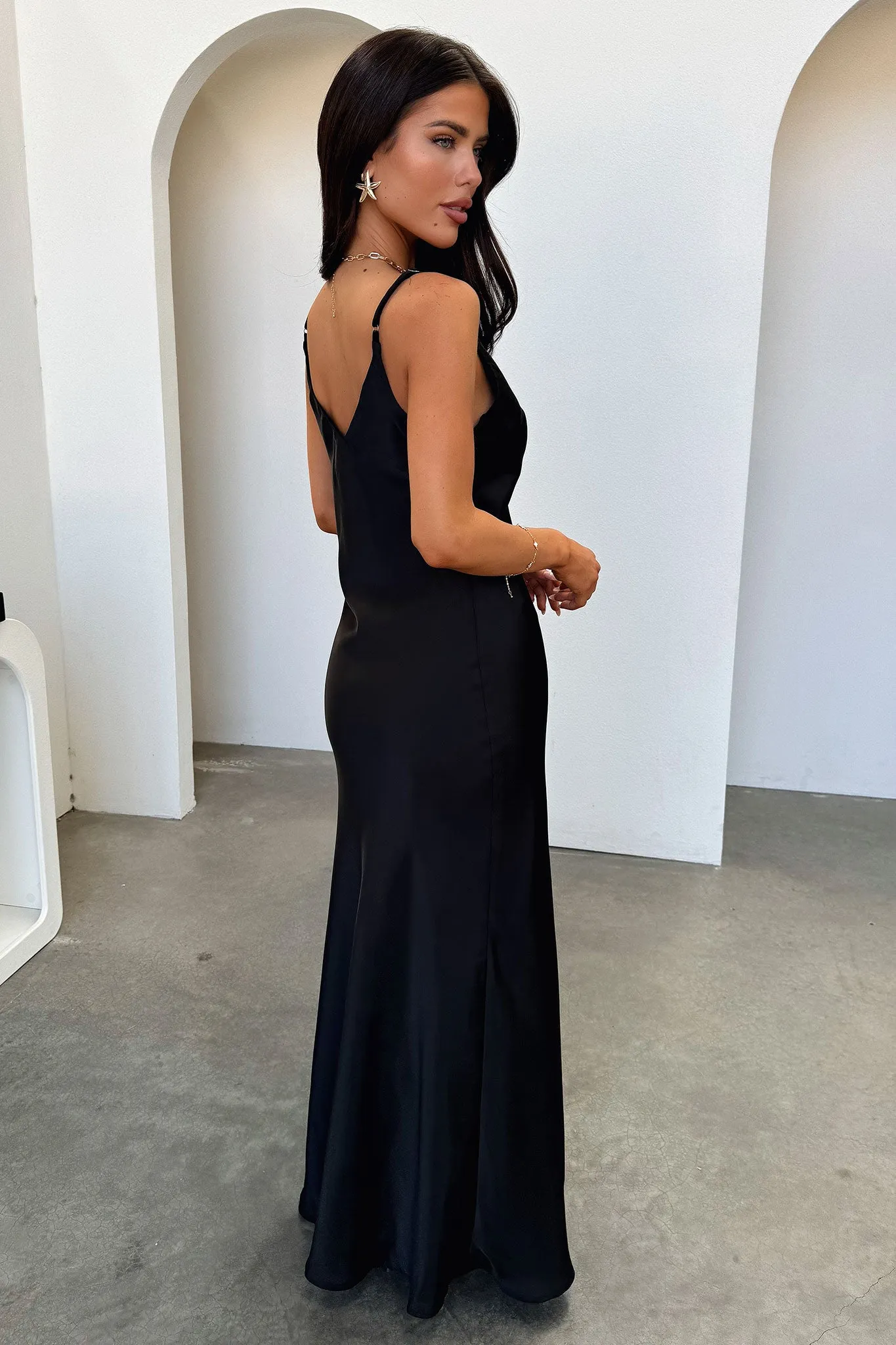 Delilah V-Neck Satin Maxi Dress - Black Luxurious long dress
