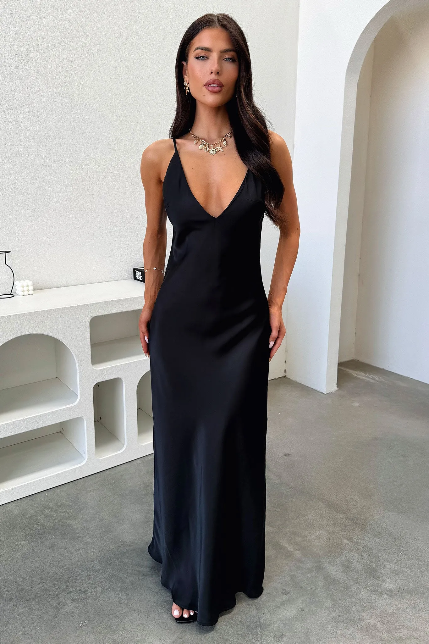 Quiet Shore Delilah V-Neck Satin Maxi Dress - Black