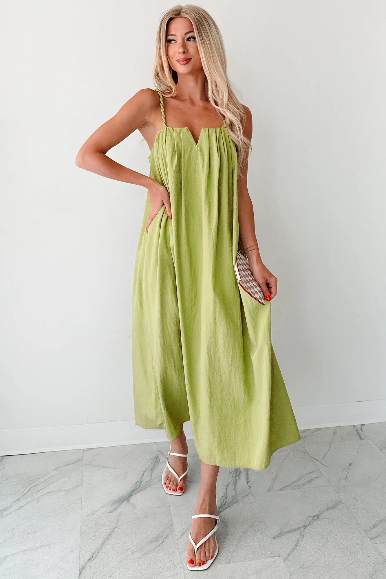 Pretend It??s Paris Sleeveless Midi Dress (Sage) With its timeless design this dress is perfect for any season and any setting Boardwalk Mood