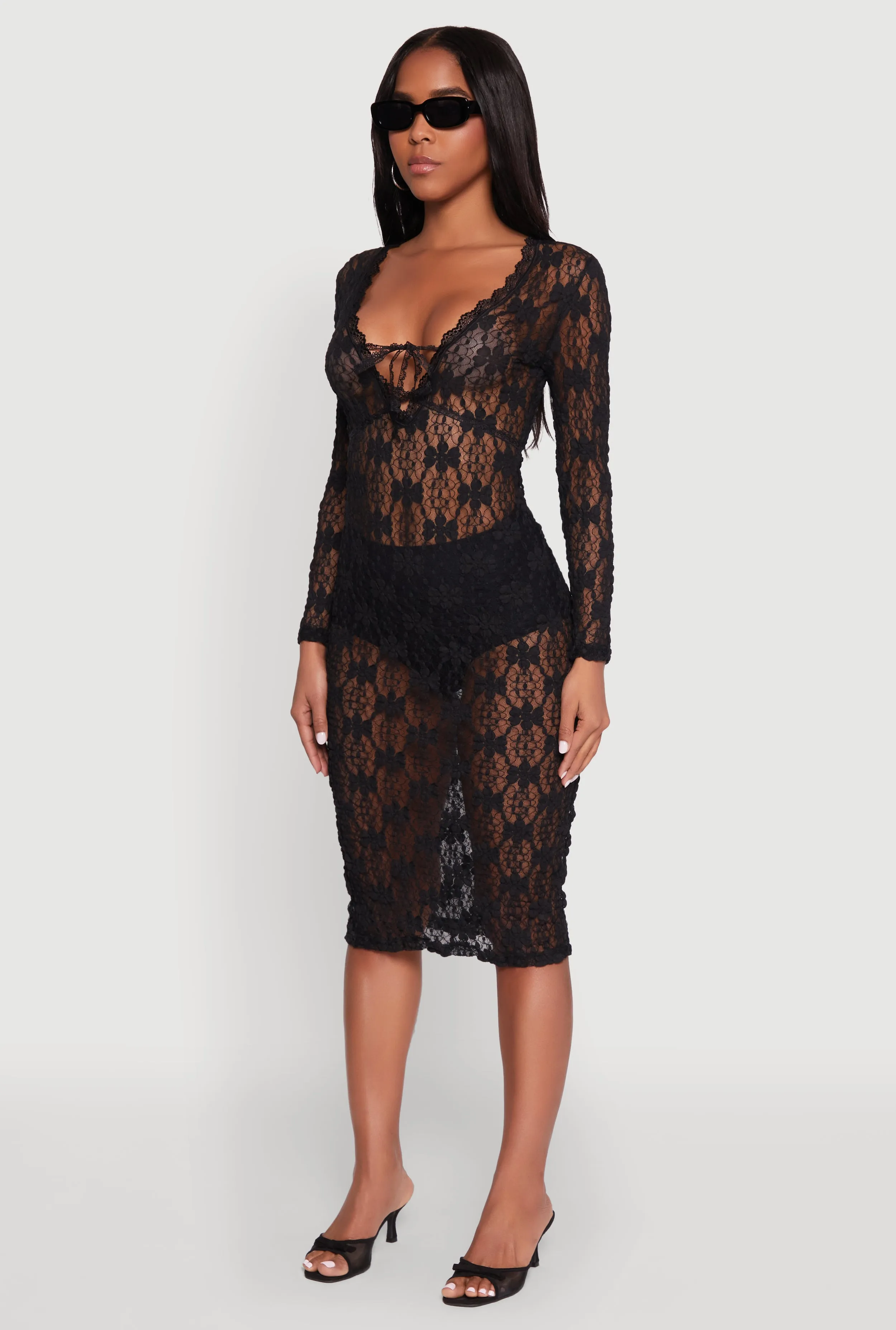 Floral Lace Tie Front Plunge Midi Dress Work Wear