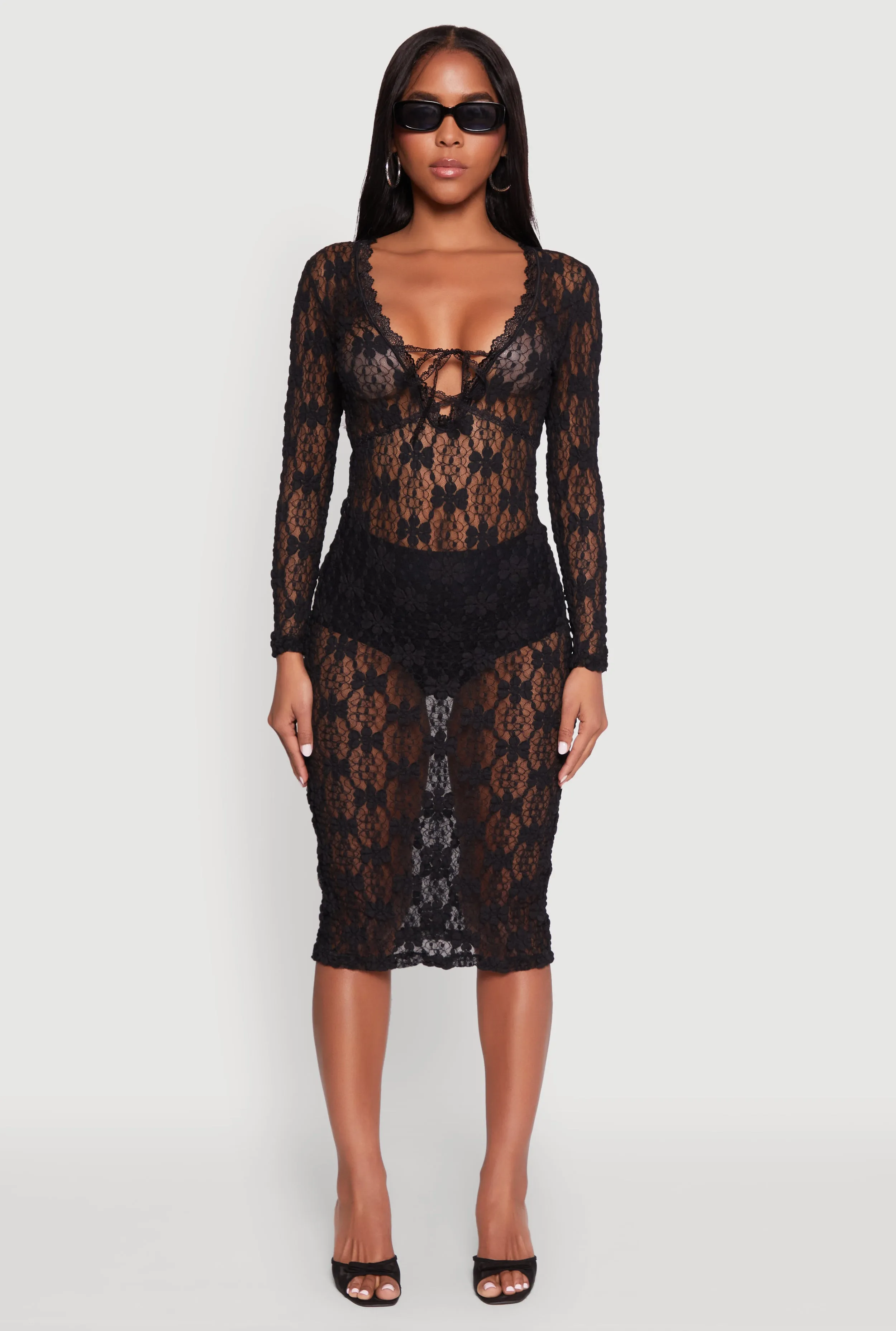 Day Off Style Floral Lace Tie Front Plunge Midi Dress