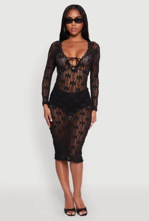 Stylish Choices Comfy Look Floral Lace Tie Front Plunge Midi Dress