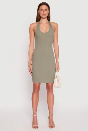 All-day wear midi Wrinkle Resistant Ribbed Knit Halter Midi Dress
