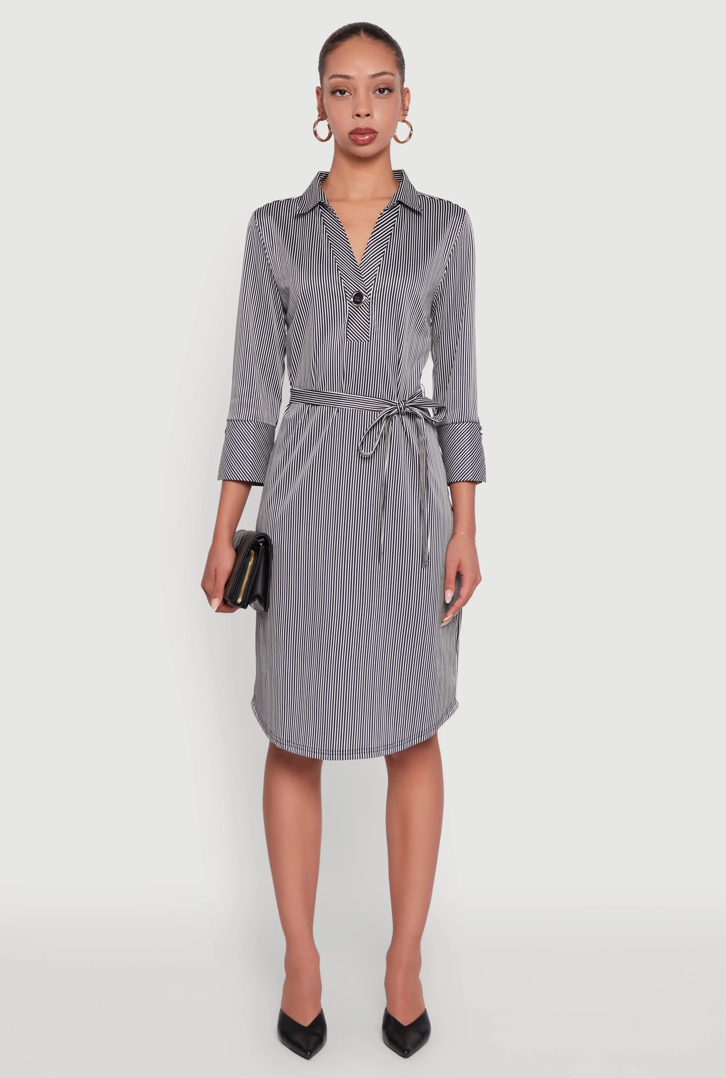Party Proof All-Season Style Classic Fit Striped Midi Dress with Tie Waist Belt