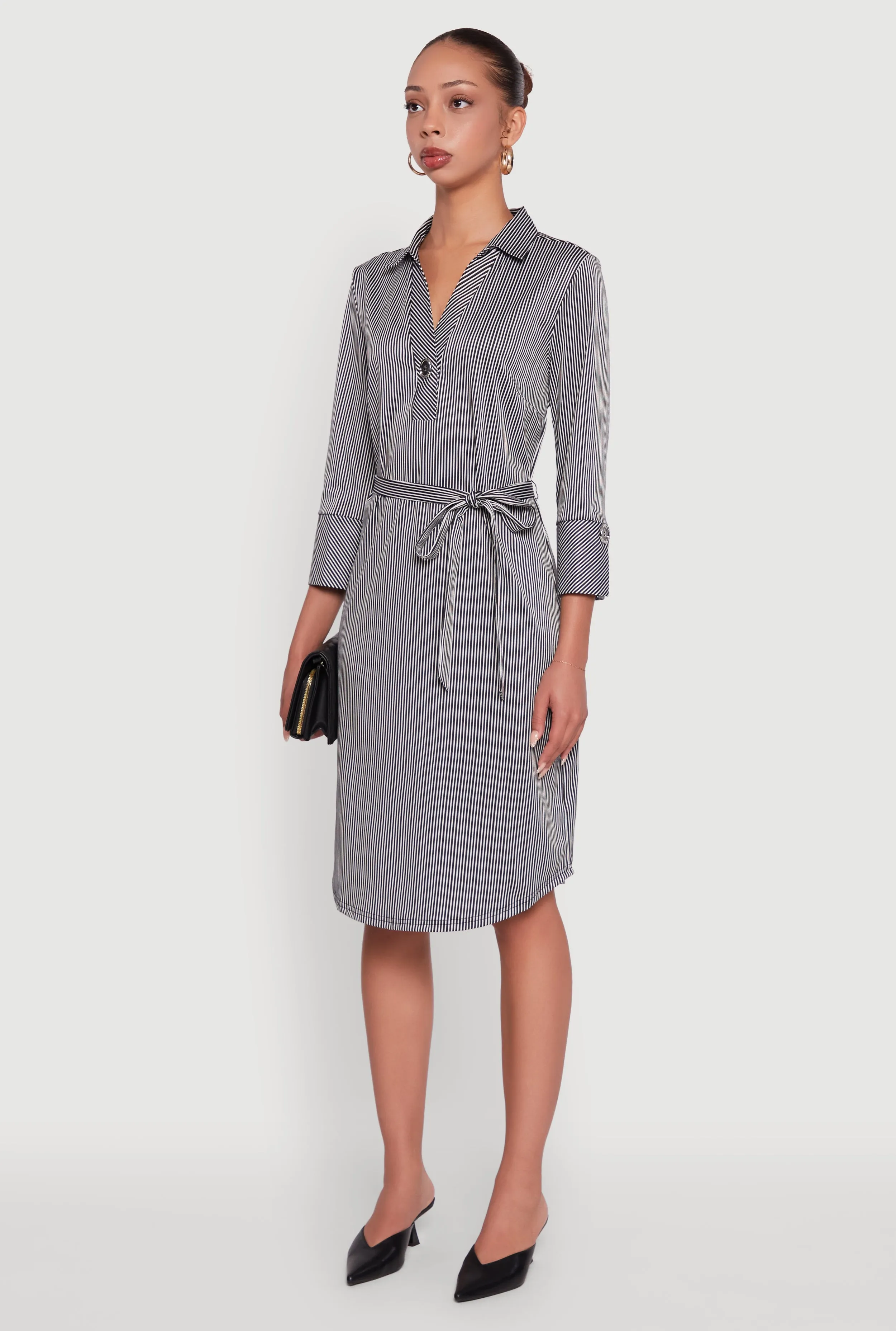Classic Fit Striped Midi Dress with Tie Waist Belt Bright Ray Wool Warm