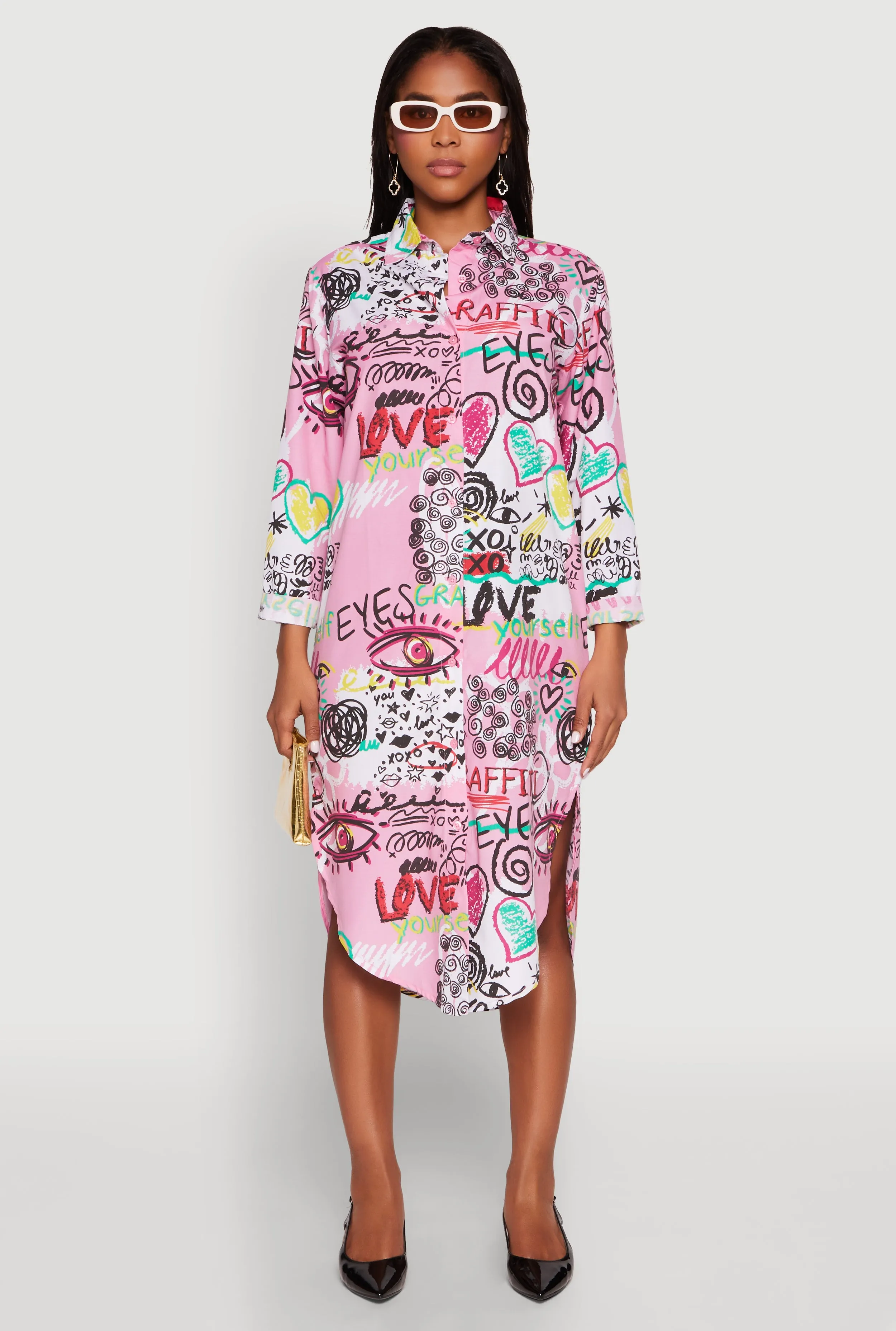 Spoon Jeans Graffiti Print Shirt Dress Mist Valley
