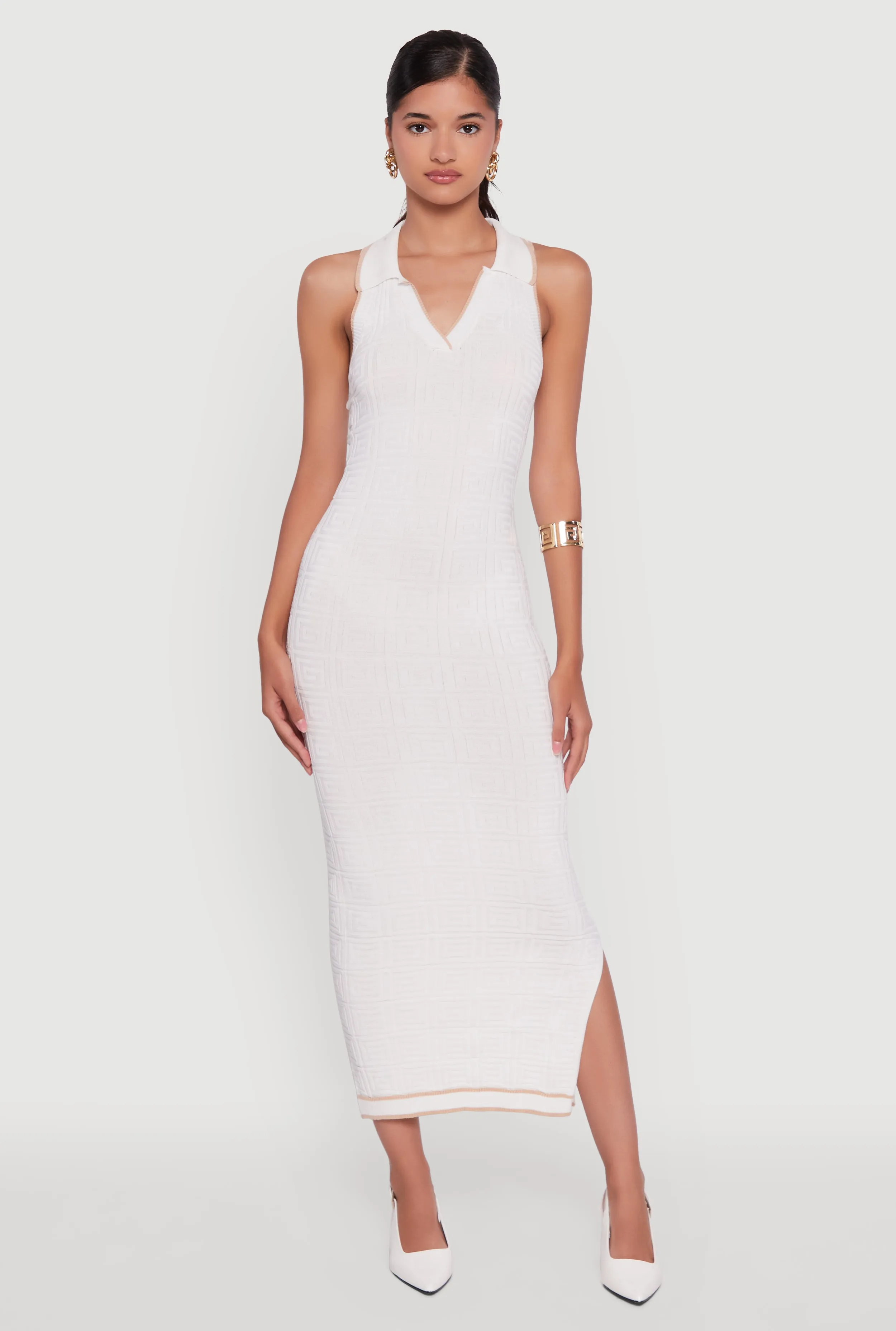 Textured Knit Greek Key Patterned Midi Dress Bright Ray Sophisticated Design