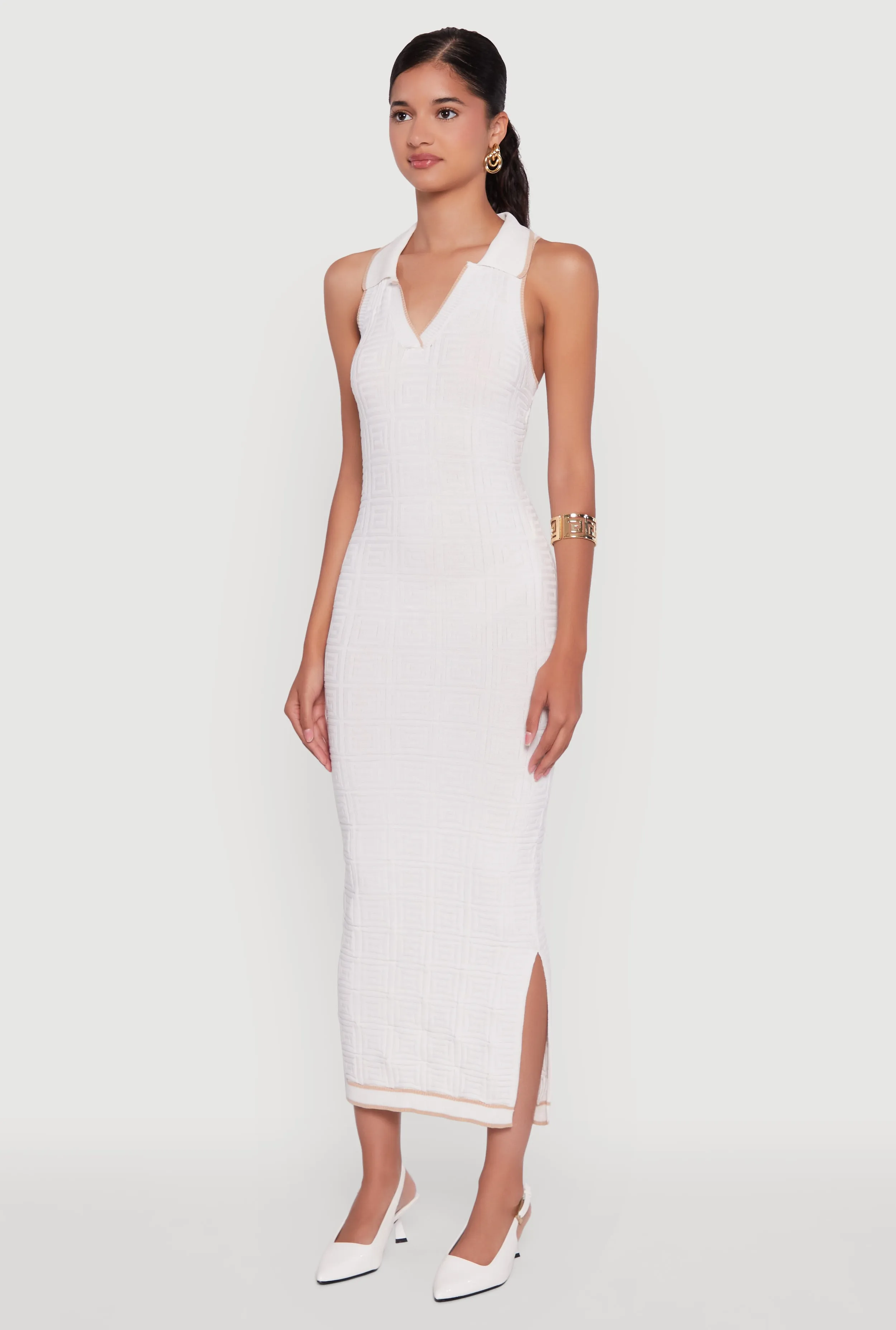 Textured Knit Greek Key Patterned Midi Dress Easy Elegance