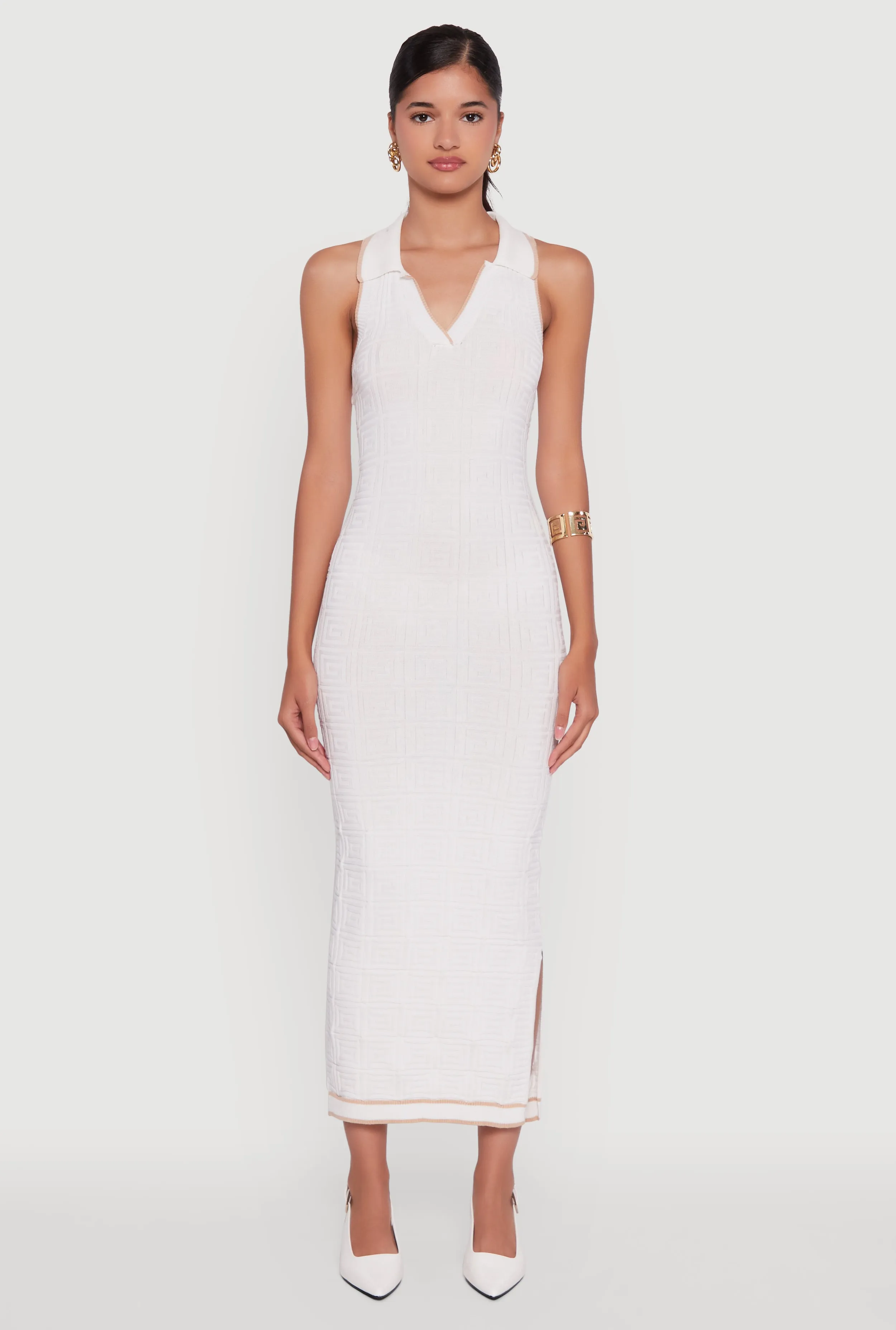 Charming Fit Textured Knit Greek Key Patterned Midi Dress
