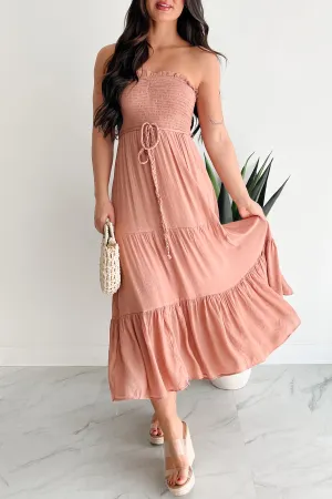 All About Class Strapless Smocked Maxi Dress (Clay) Linen Drapes Designed to suit all body types this dress provides a flattering fit for every figure