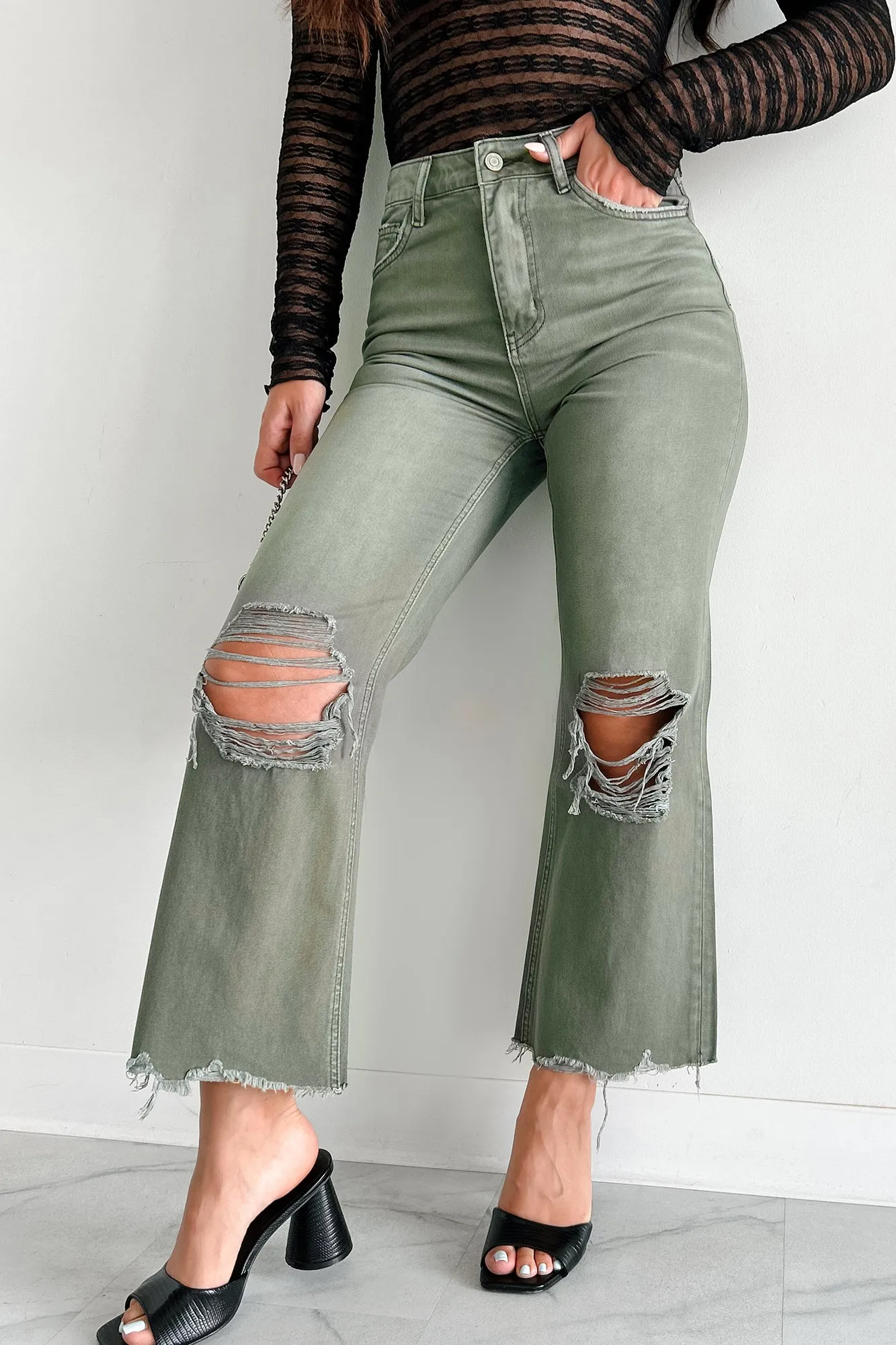 Doyle High Rise 90s Vintage Vervet Crop Flare Jeans (Olive) Ribbed Hem MoistureManagementSystem