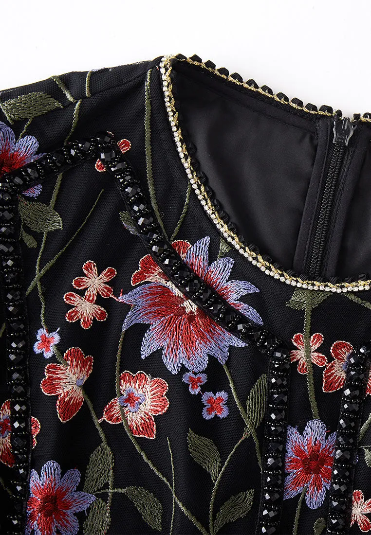 UV Protection Oriental Embroidered Mesh Maxi Dress