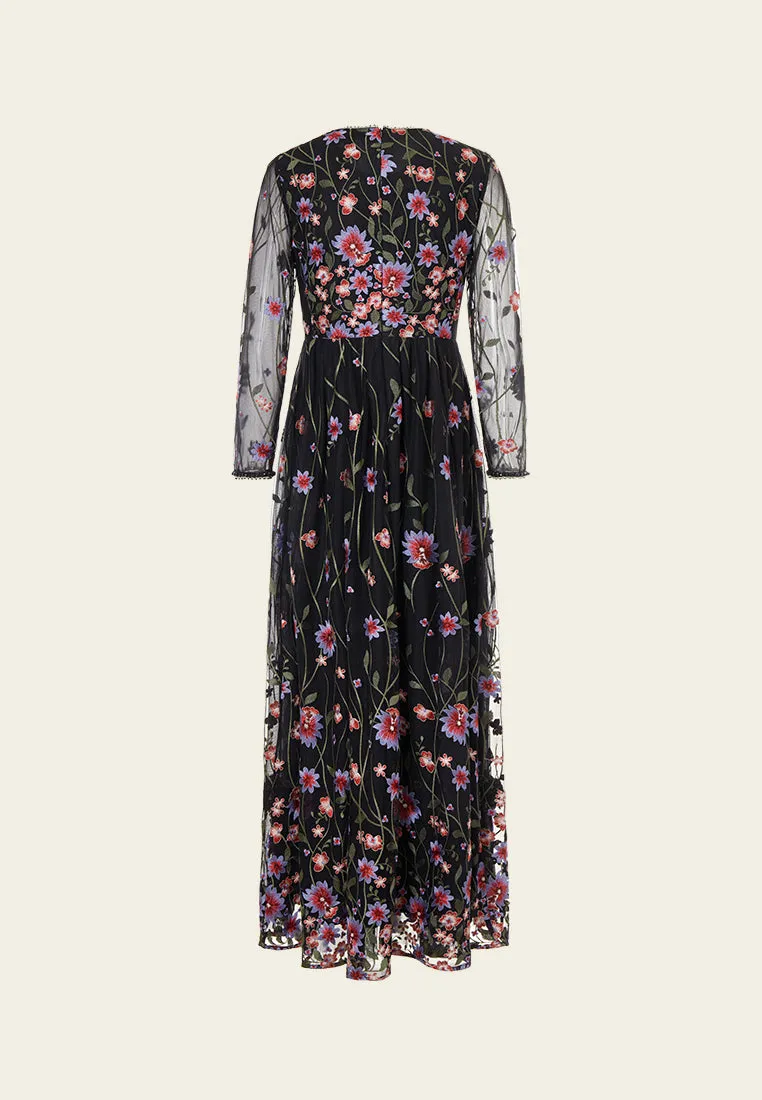 Stretch Fabric Meeting Ready Oriental Embroidered Mesh Maxi Dress