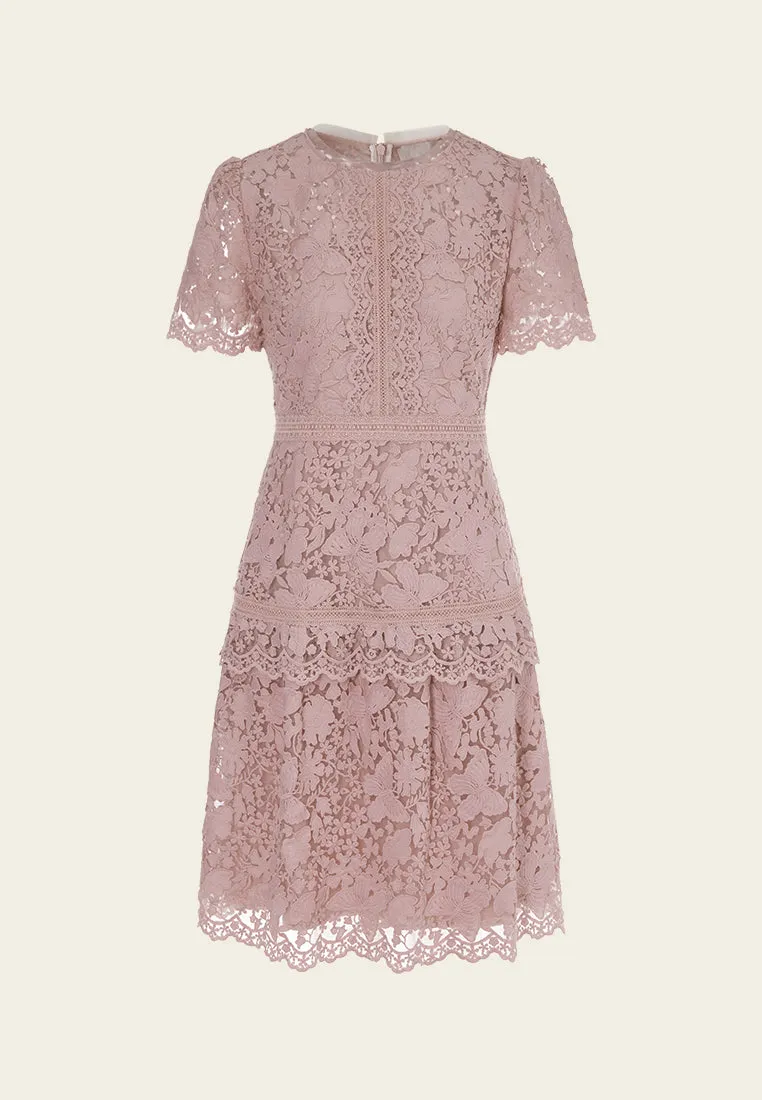 Layered Panelle-detail Puff-sleeve Lace Dress SweatAbsorbentLining EcoDye Process