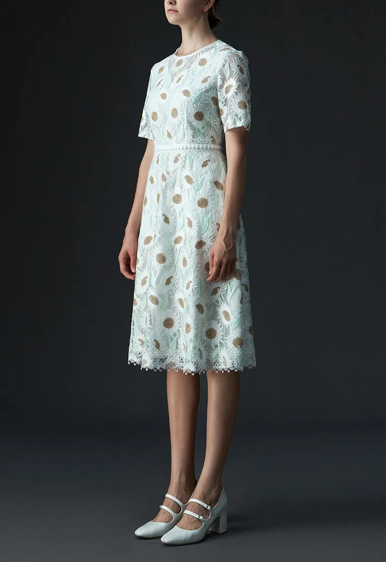 AdjustableCuffs Glitter Fit Chamomile Lace-detailing Short Sleeve Dress