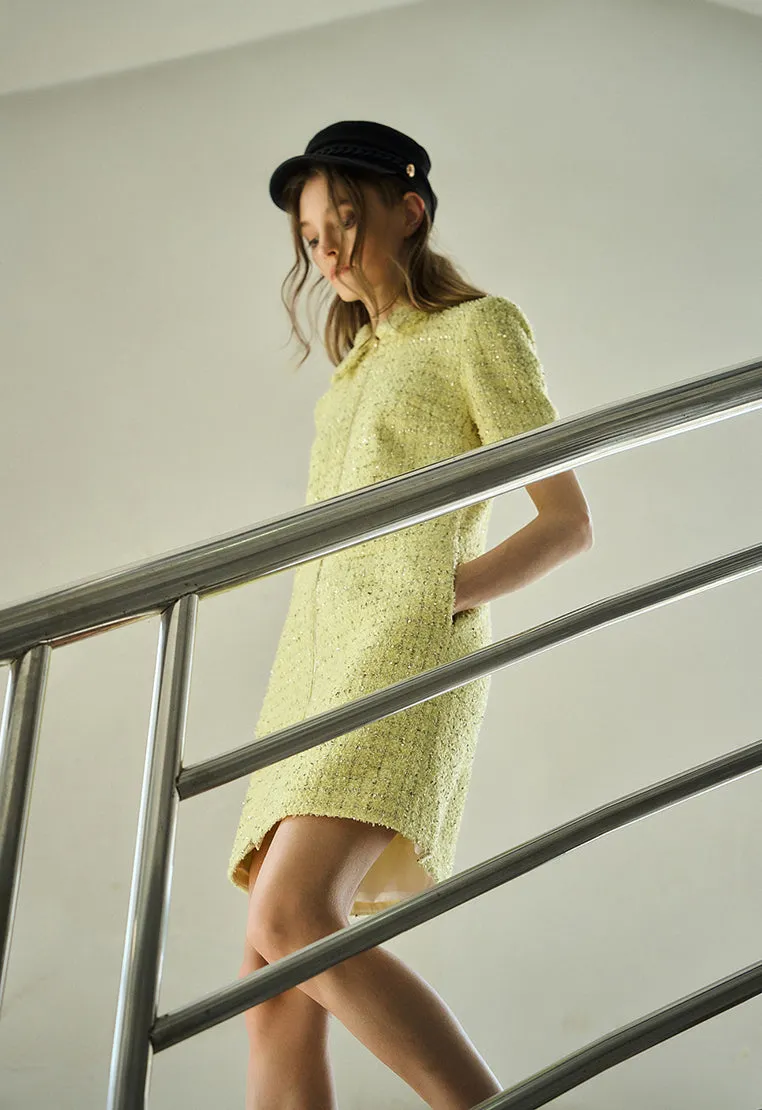 Yellow Short Sleeve Zip Up Front Tweed Dress Walk Mood