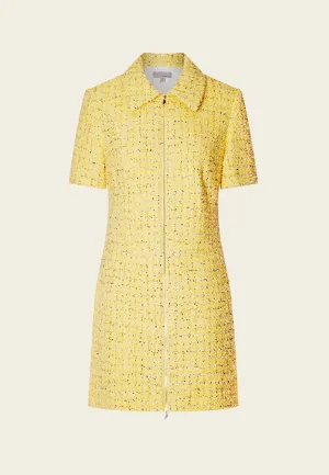 Yellow Short Sleeve Zip Up Front Tweed Dress OdorResistantFabric Star Light