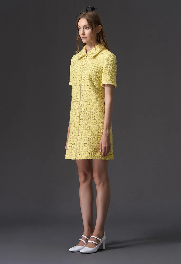 Yellow Short Sleeve Zip Up Front Tweed Dress Kid Play