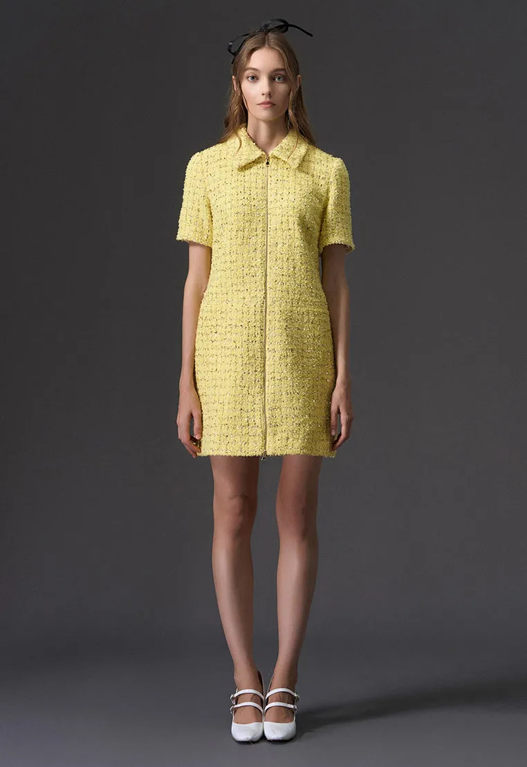ThermalRegulating Layer SustainableBlend Yellow Short Sleeve Zip Up Front Tweed Dress