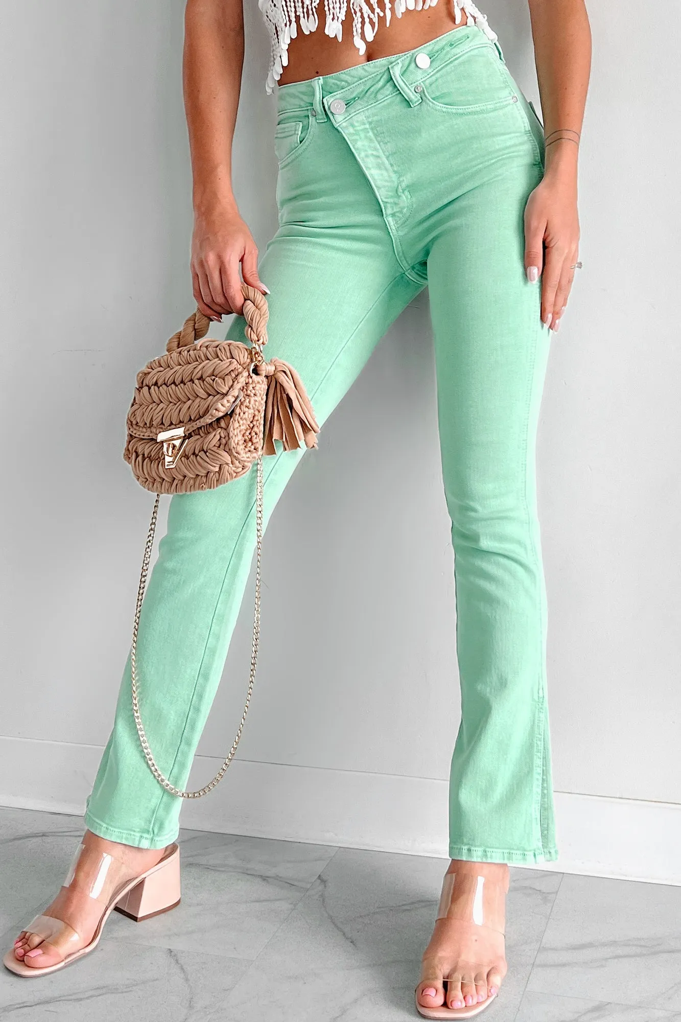 Christos Cross-Over Waist Bootcut Jeans (Green) FlatlockSeams