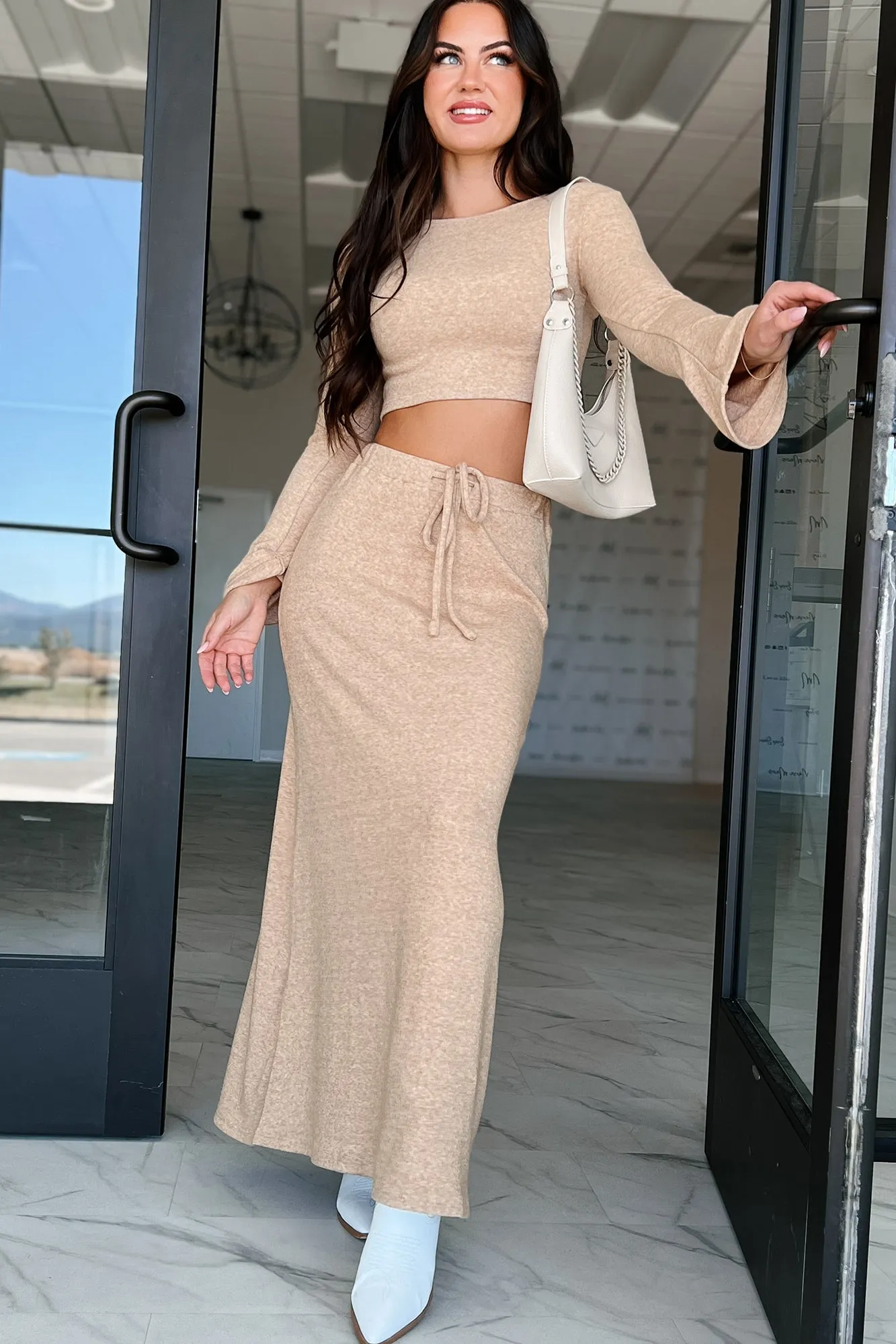 Rewriting The Script Brushed Knit Maxi Skirt (Oatmeal) Pleated design Relax Outfit