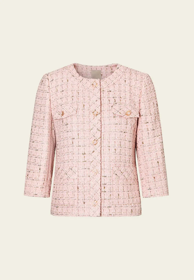 Heart Soul Three-quarter Sleeves Checked Pocketed Tweed Jacket