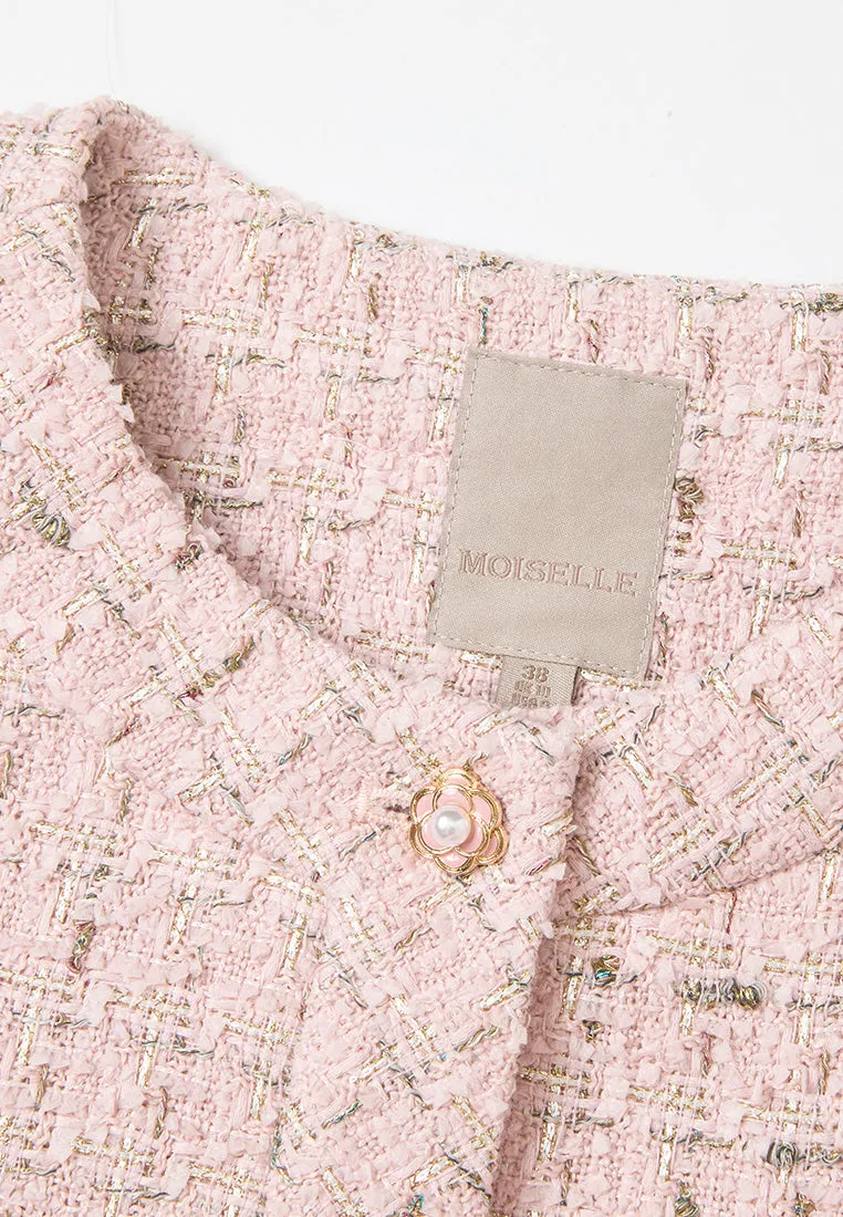 AI Style Crystal Soul Three-quarter Sleeves Checked Pocketed Tweed Jacket