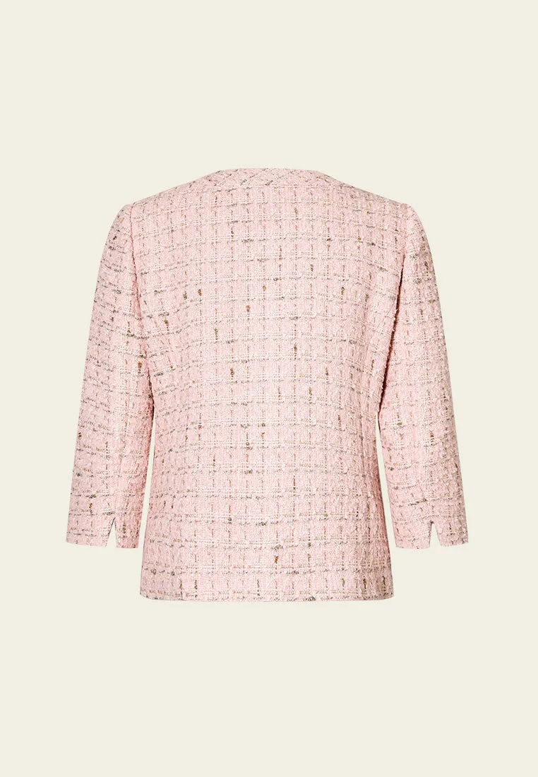 Three-quarter Sleeves Checked Pocketed Tweed Jacket Tale Core
