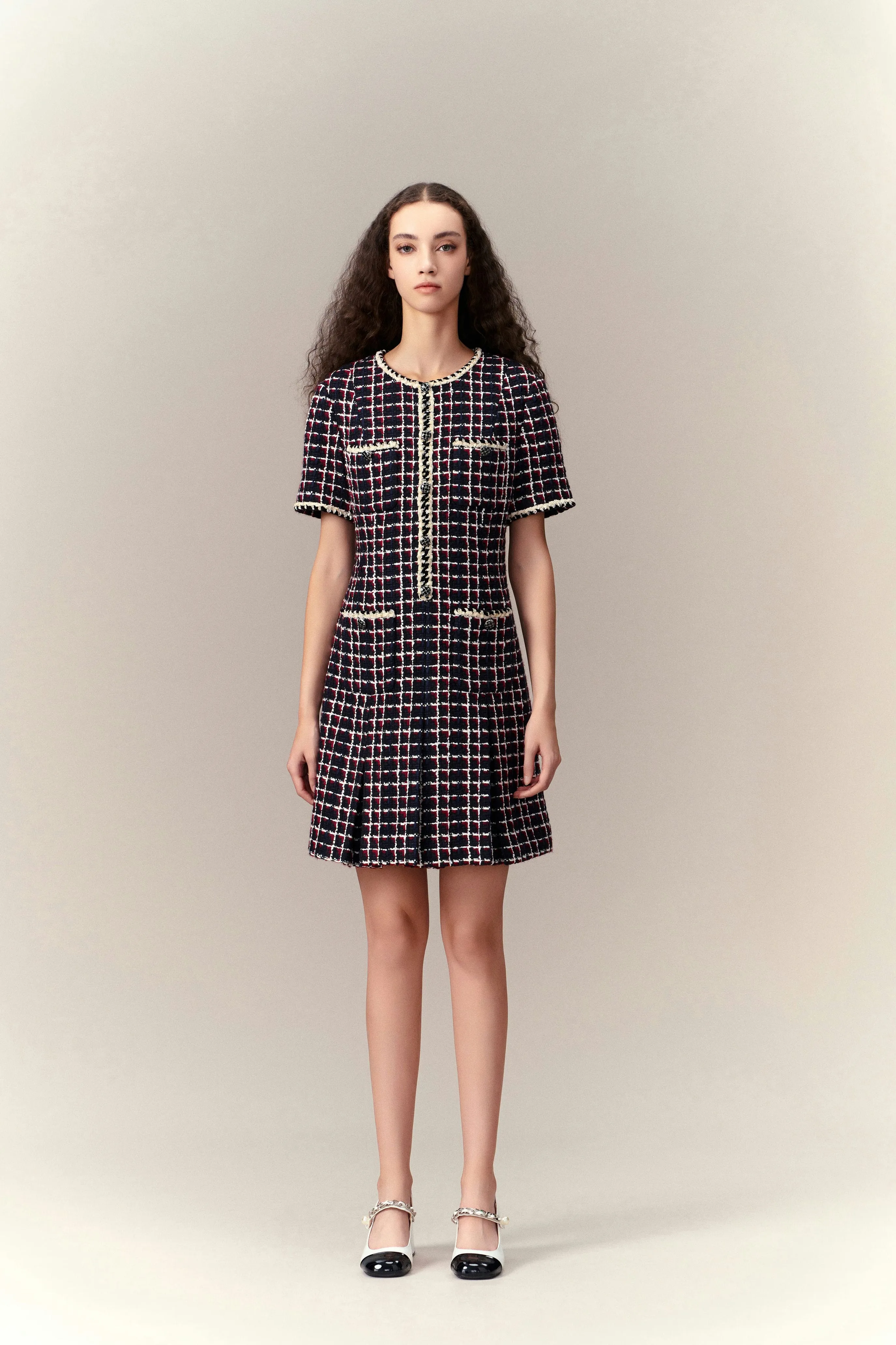 Dignified Pleat-detailed Tweed Dress Wave Core CompactKnit
