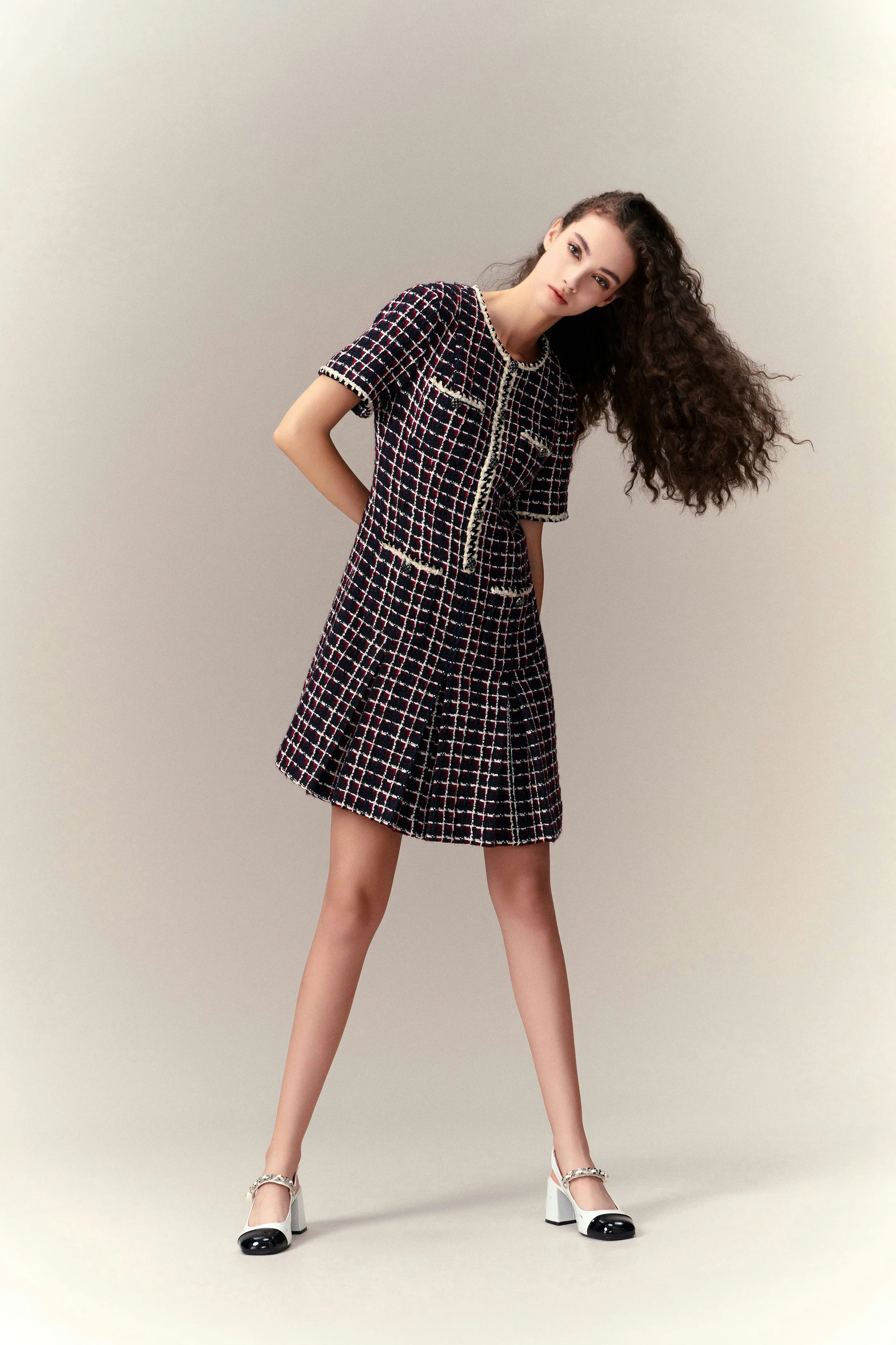 EcoFriendly Dye Dignified Pleat-detailed Tweed Dress