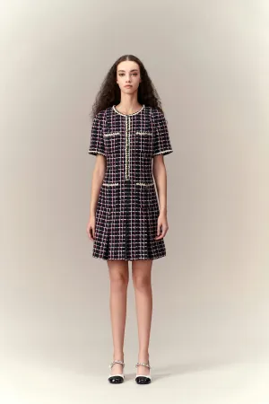 Dignified Pleat-detailed Tweed Dress Wave Core CompactKnit