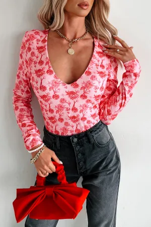 Training Girl Dinner Flexible Blooming Within NM Original Printed V-Neck Bodysuit (Pink/Red)