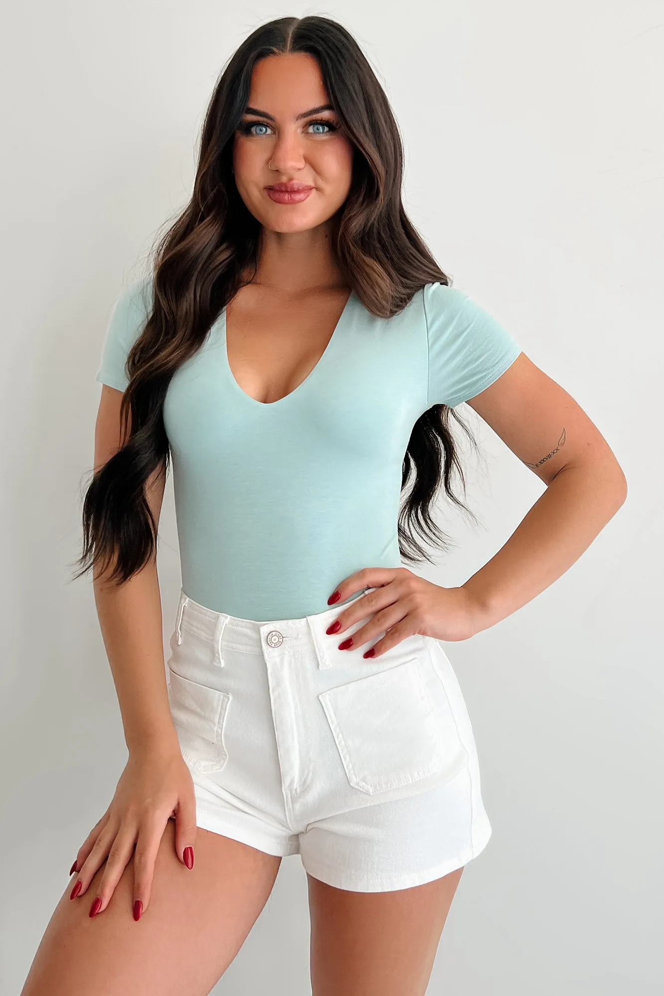 Just Like That V Neck Short Sleeve Bodysuit (Seafoam) Retro Hot Outdoor Office