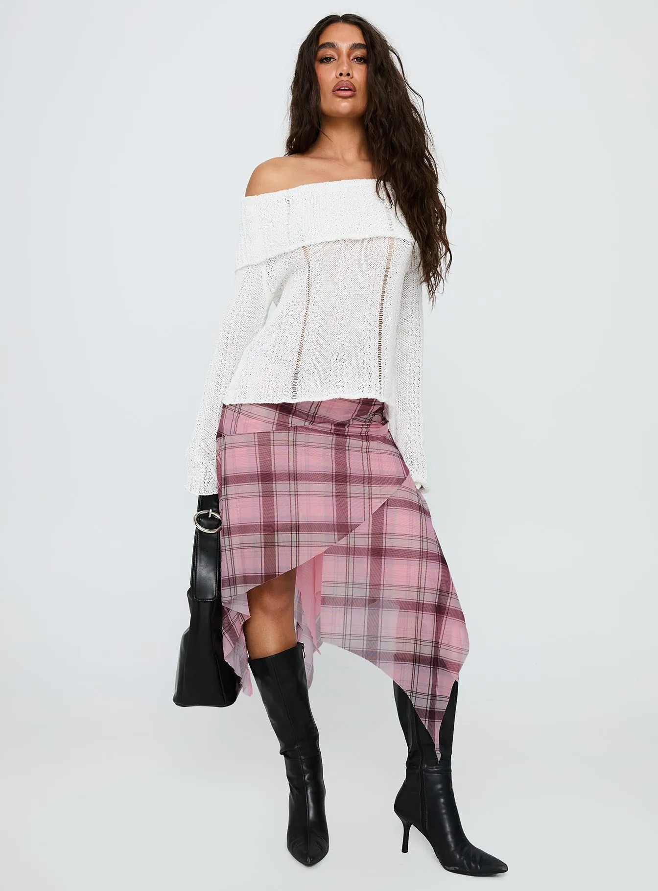 Anali Asymmetrical Midi Skirt Pink / Multi Check Matte Finish