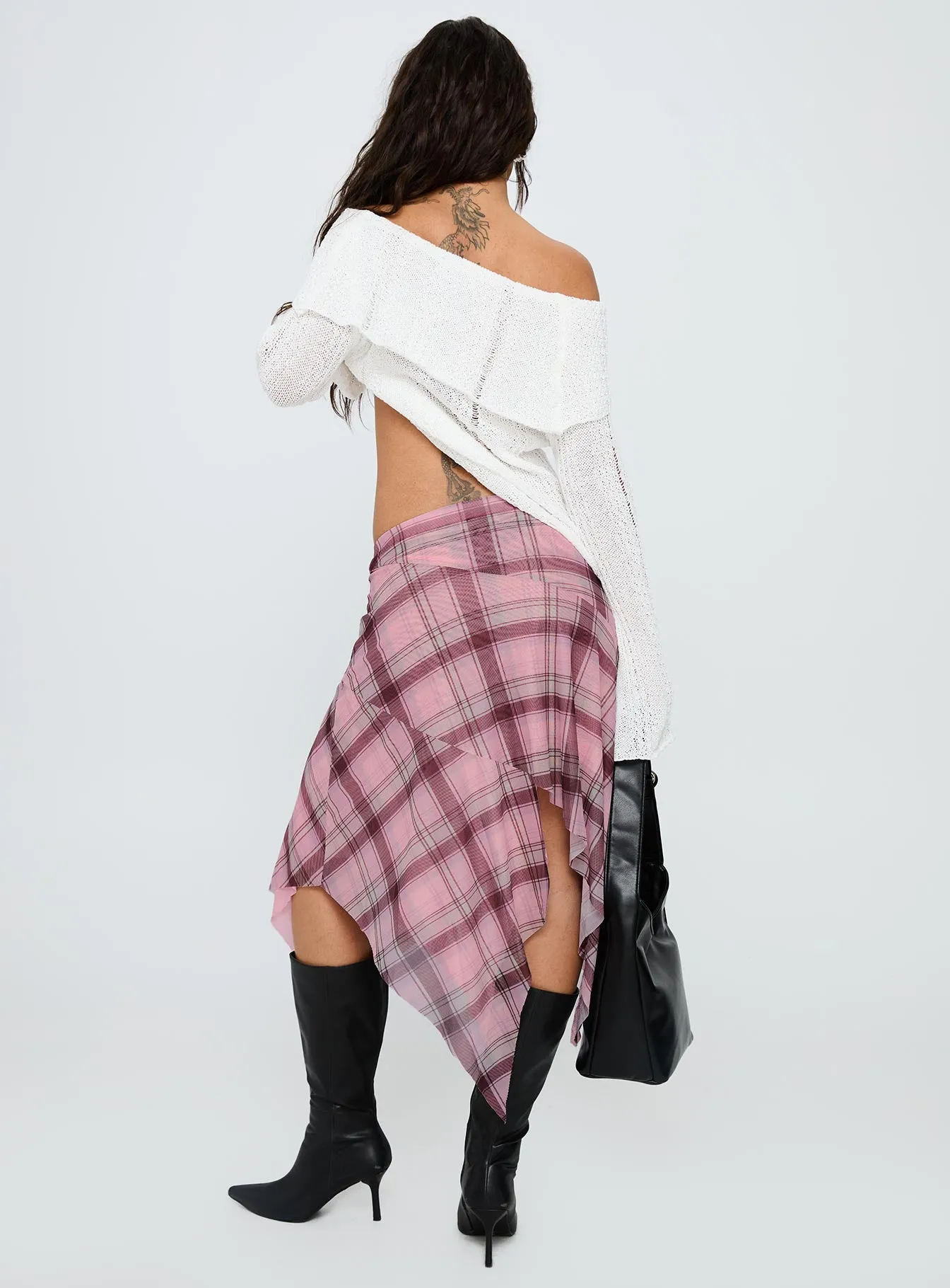 Contoured Waist Anali Asymmetrical Midi Skirt Pink / Multi Check
