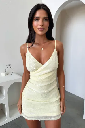 Kelera Mini Dress - Baby Yellow Sequin Stylish short-sleeve mini Star Look