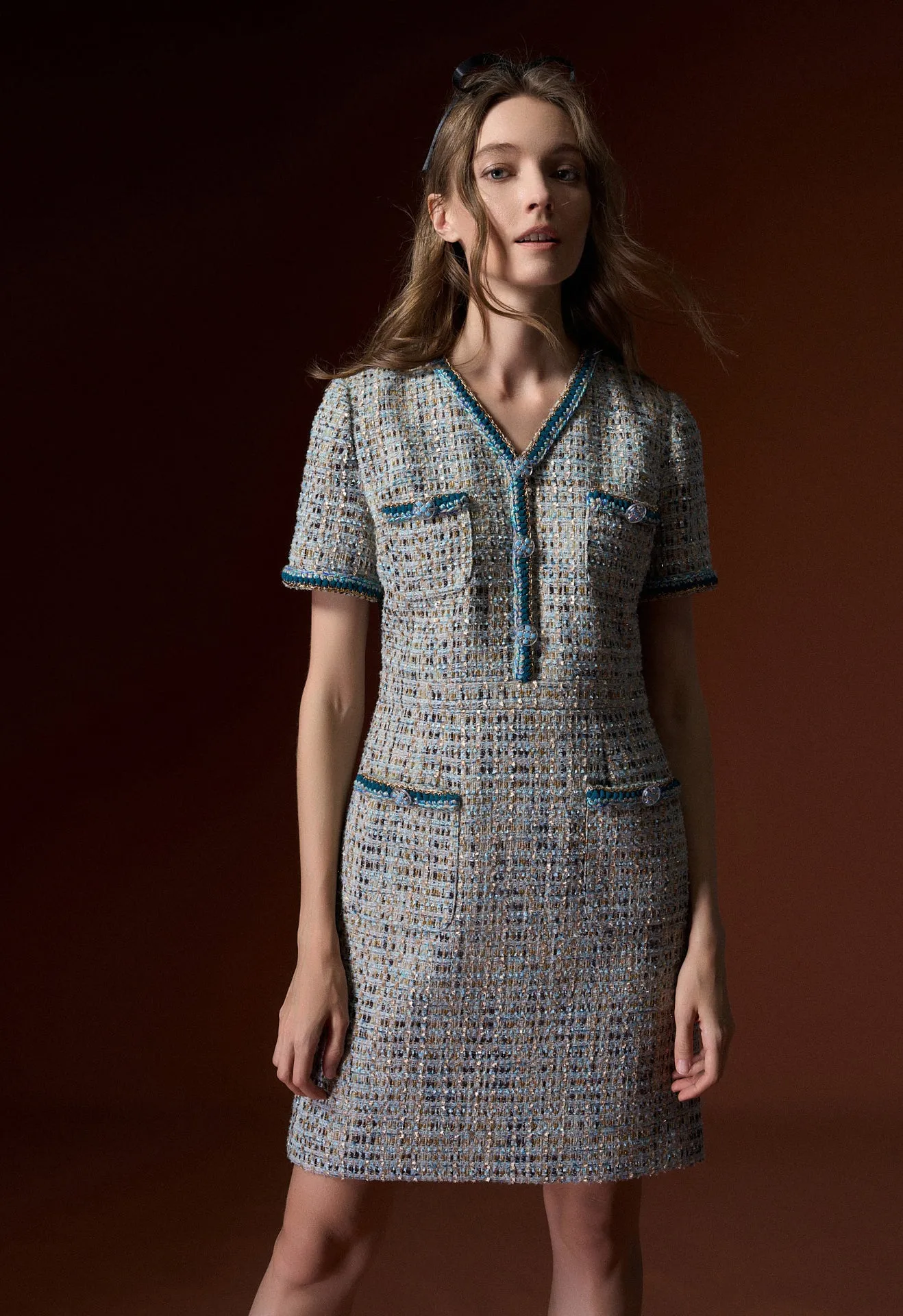 Earth Tone Blue And Gold Detailing Tweed Dress Harbor Style