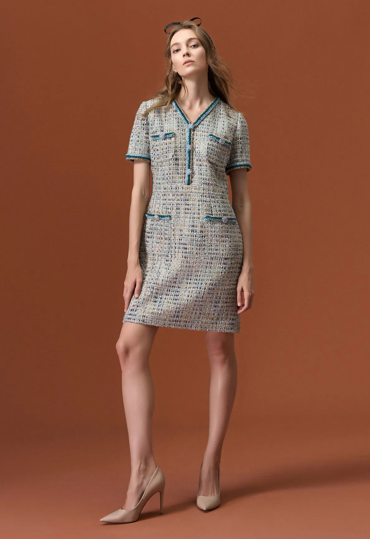 Loose Fit SustainableProduction Earth Tone Blue And Gold Detailing Tweed Dress