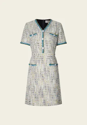 Diamond Soul Earth Tone Blue And Gold Detailing Tweed Dress