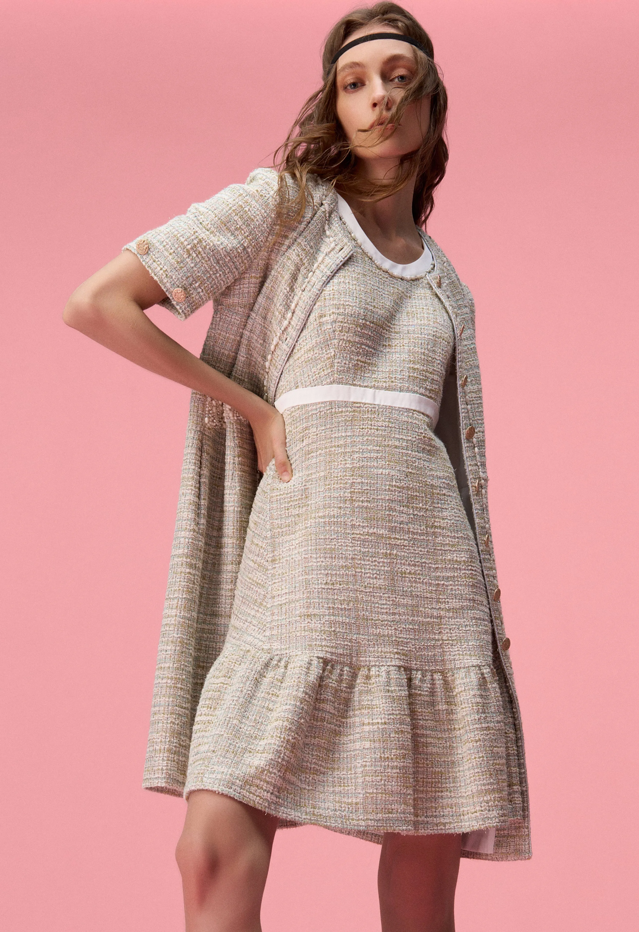 VersatileStyle Mix Green A-line Tweed Dress