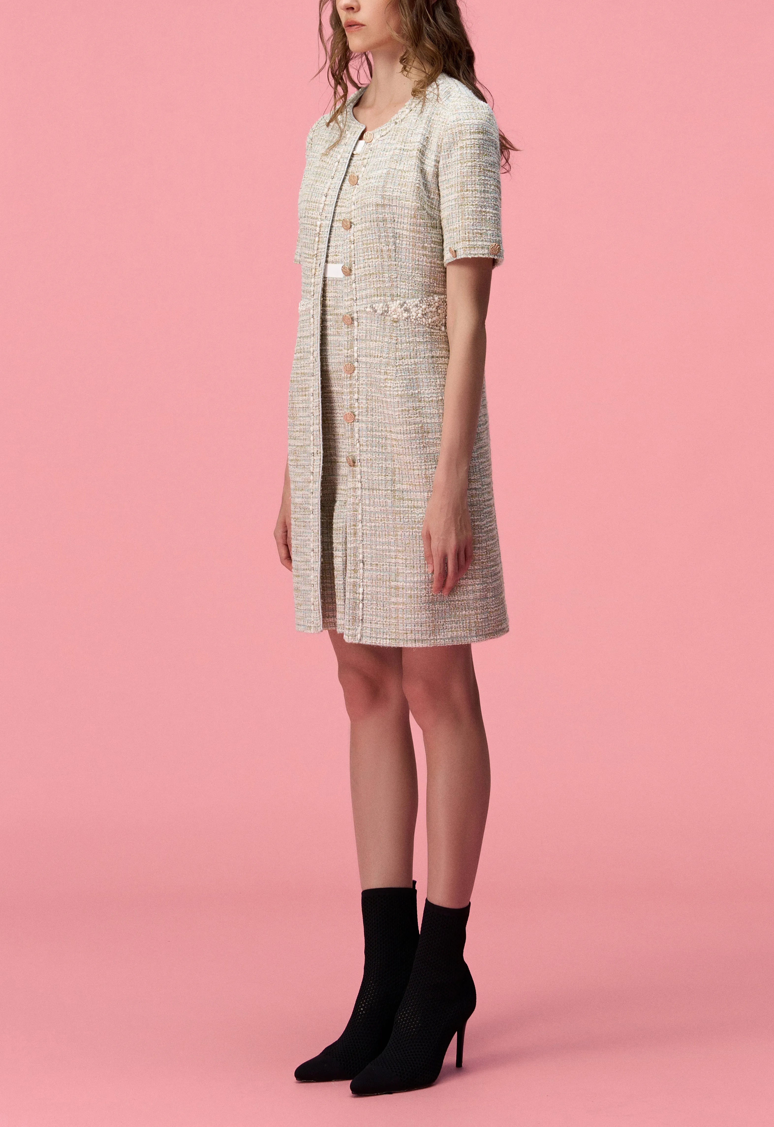 Nordic Light Elegant Glow Mix Green A-line Tweed Dress