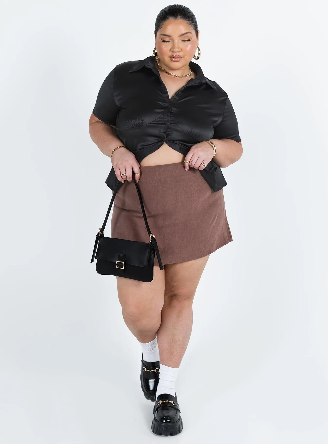 Selby Mini Skirt Brown Curve Elastic hemline