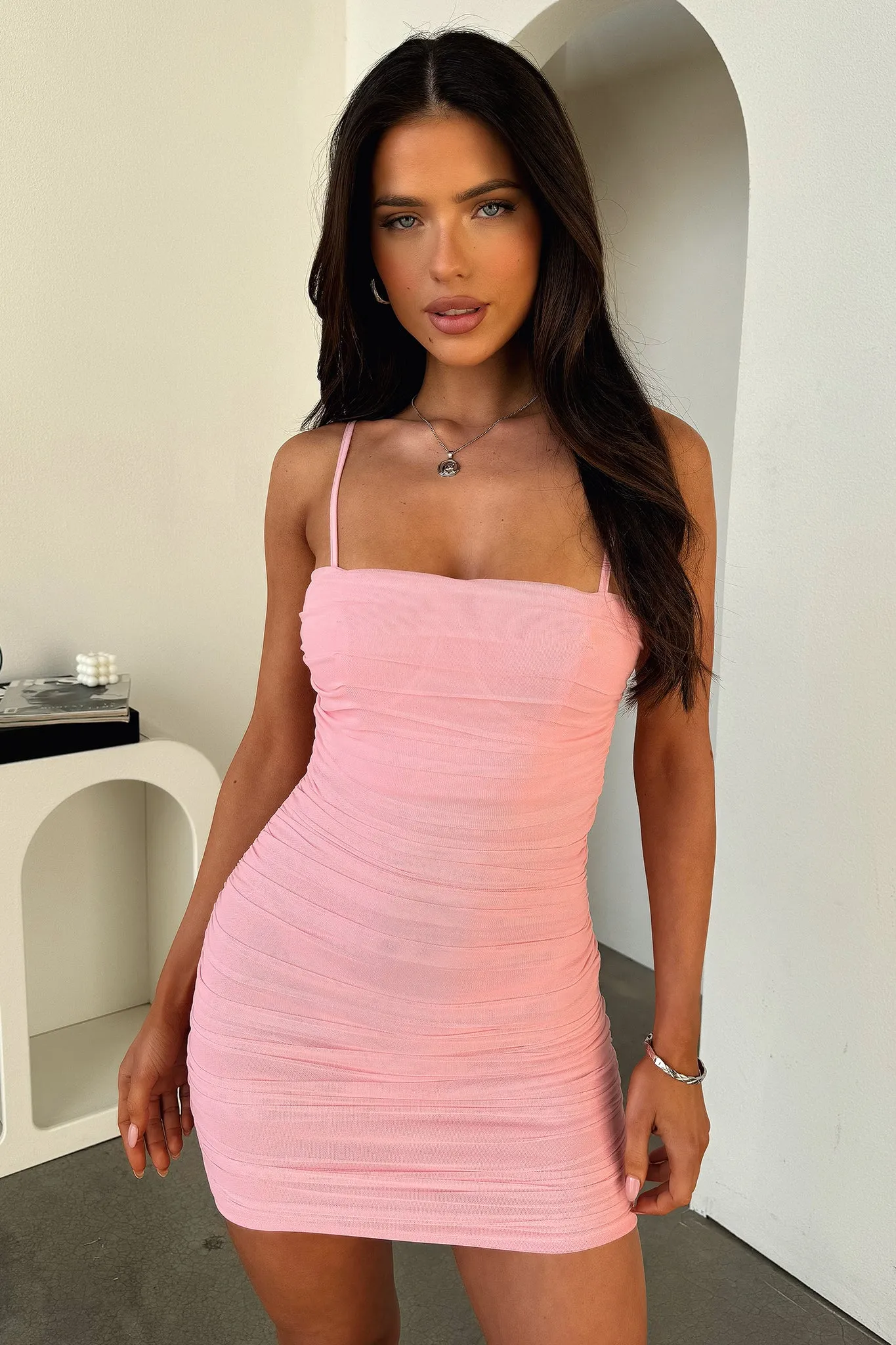 Zena Mesh Mini Dress - Blush Comfortable party wear Edge Hot