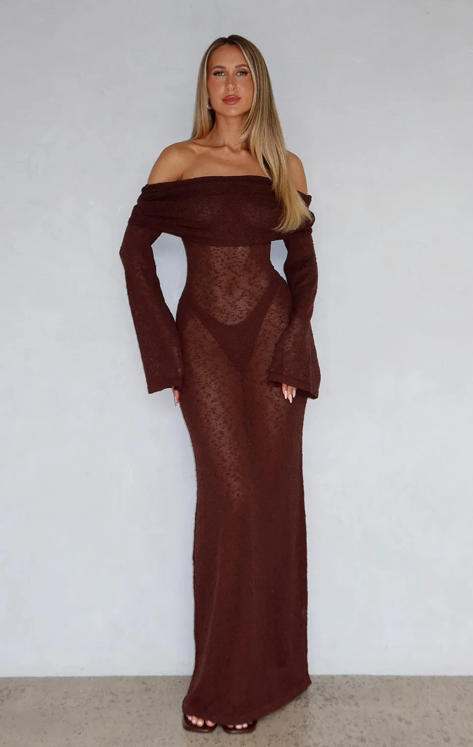 Made It Out Long Sleeve Boucle Maxi Dress Chocolate ElasticFree Cuffs